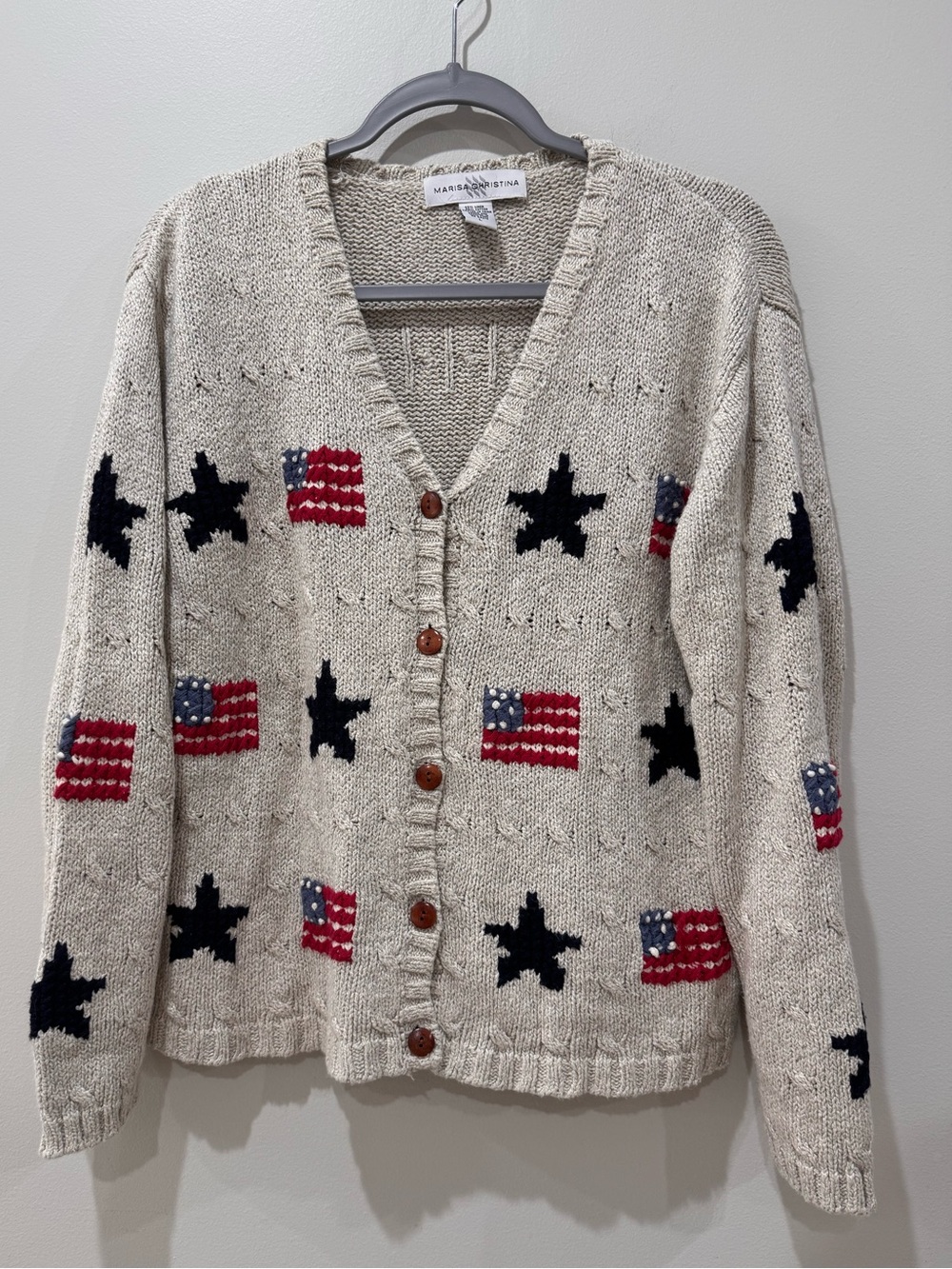 Vtg Sz L American Flag USA Patriotic Marisa Christina Linen Cotton Cardigan